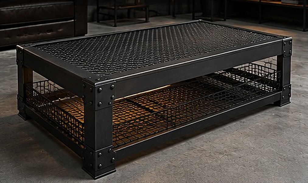 Forge Grid sehpa, elmas göz genişletilmiş sac tabla ve kafes tel yan paneller